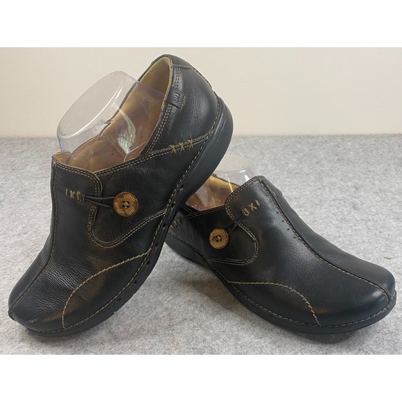 Clarks Shoes - Clarks Unstructured Black/Dark Brown Leather Button Slip On Loafers Womens 9W
